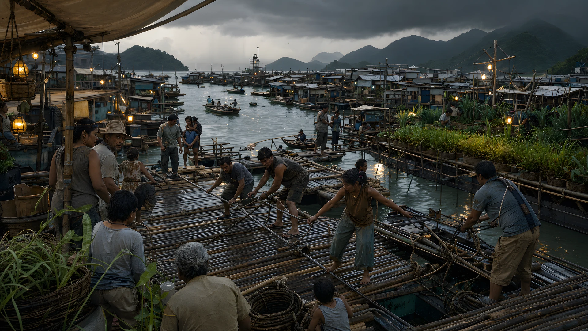 Una comunidad desmonta puentes y cultiva jardines sobre una gran flotilla antes de la tormenta.